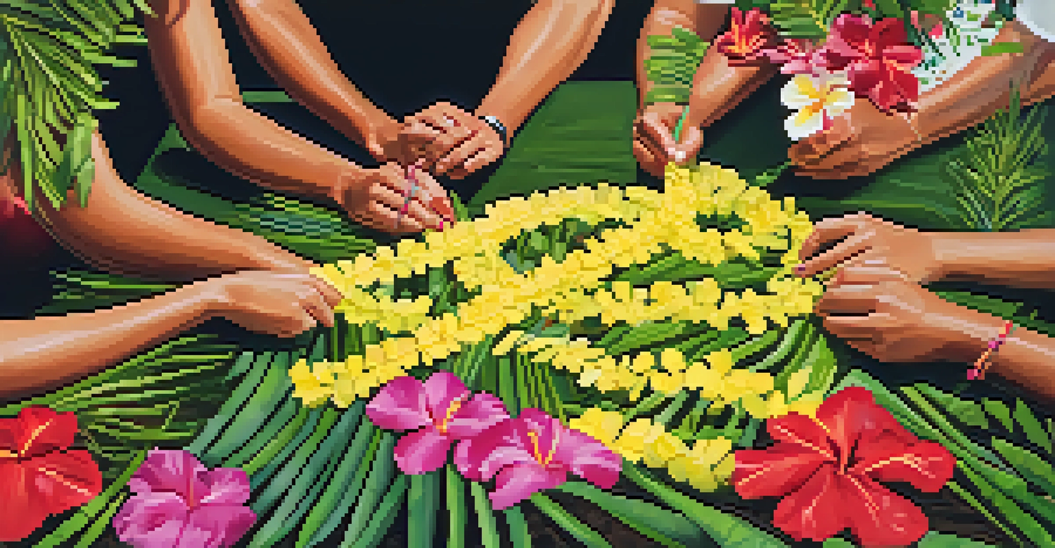 Participants making traditional Hawaiian leis in a workshop setting with natural lighting.
