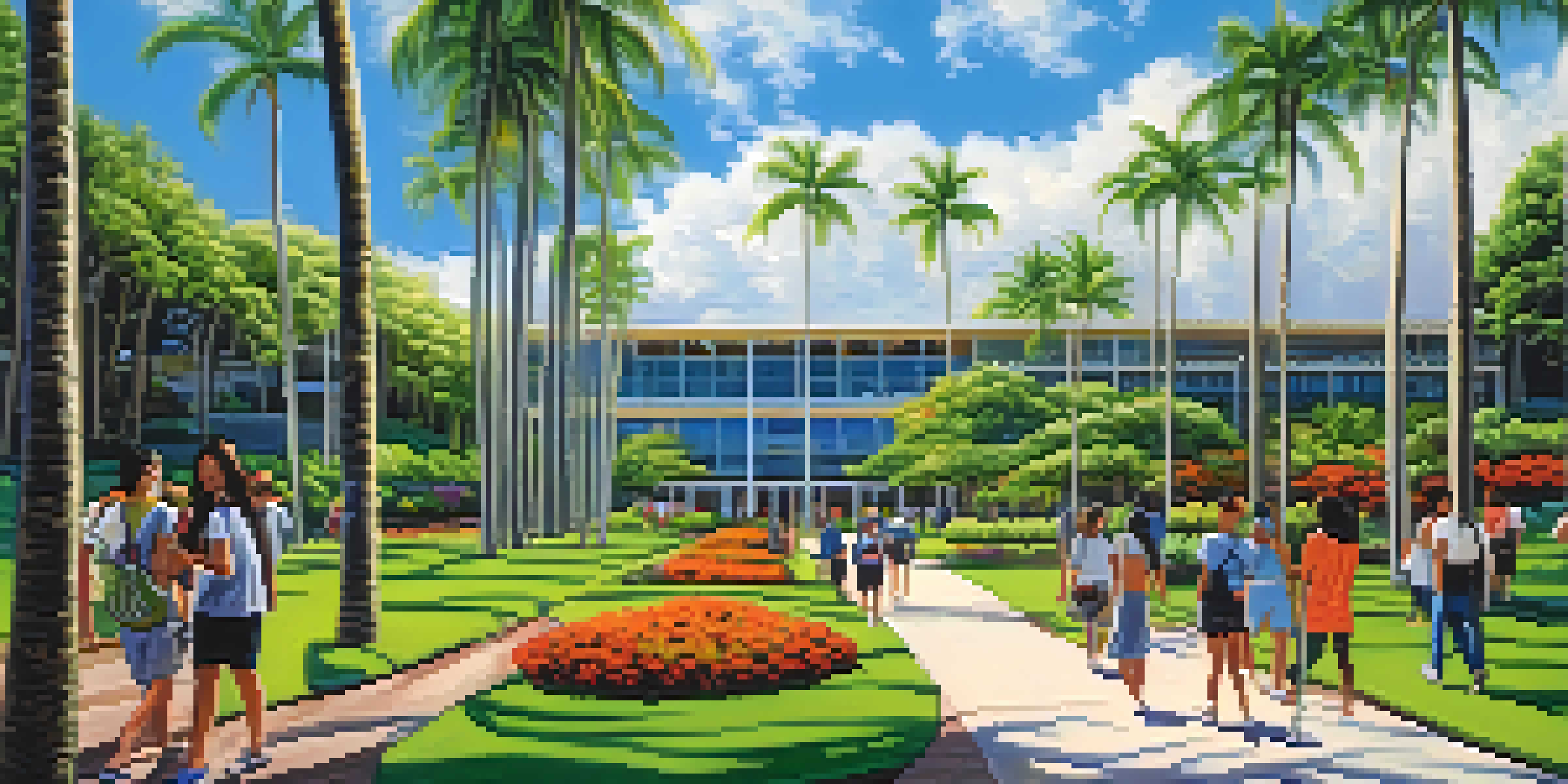 A scenic view of the University of Hawaii campus with students walking among tropical plants and palm trees.