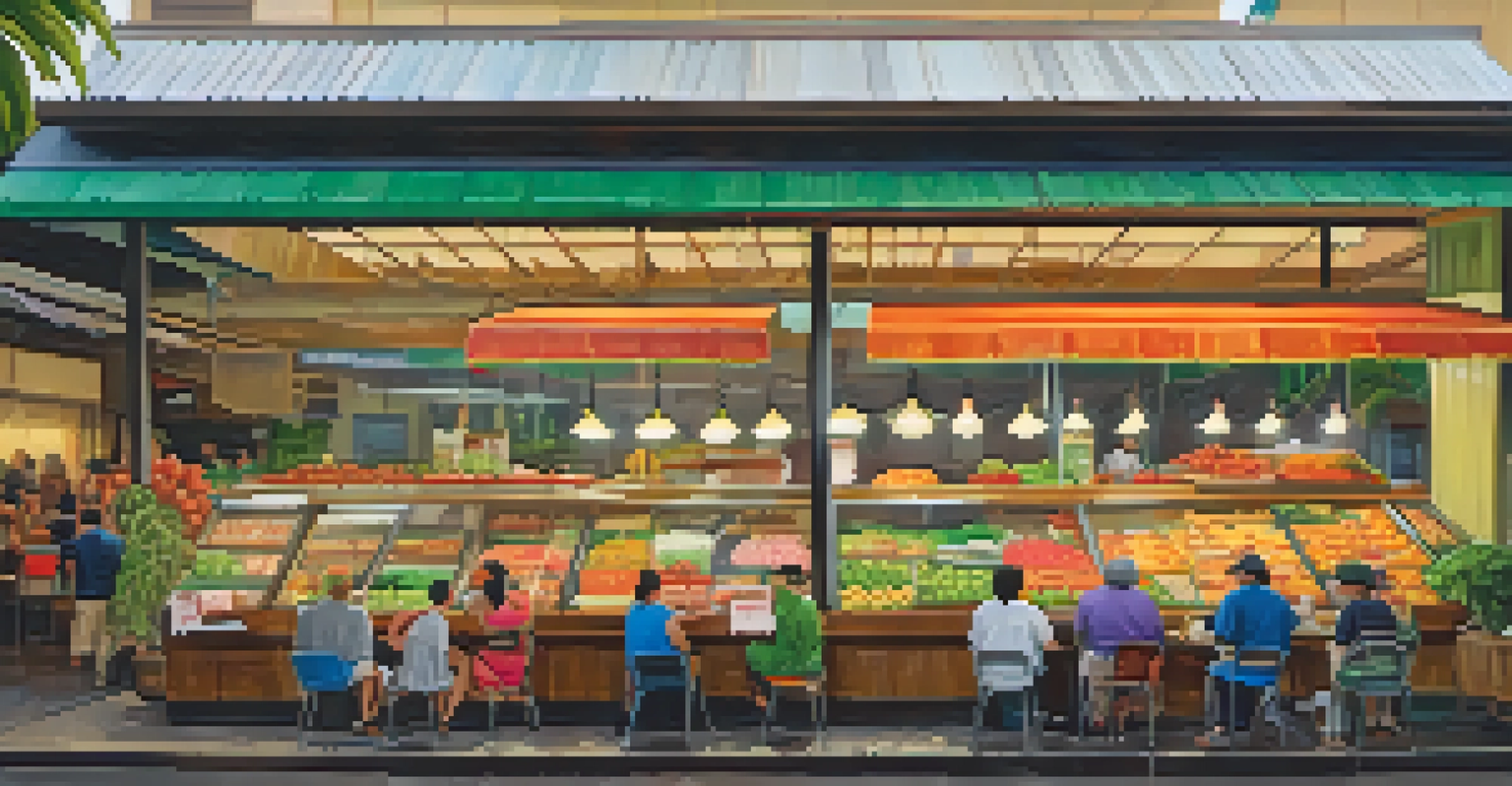 A bustling indoor market in Honolulu with locals enjoying traditional Hawaiian dishes and rain visible through the windows.