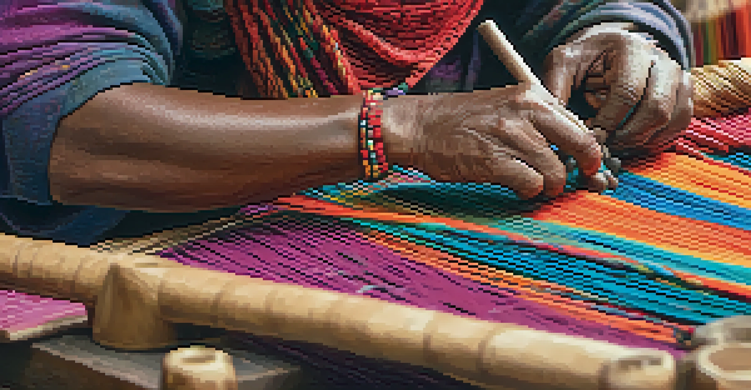 A close-up of an artisan weaving a colorful mat, focusing on the hands and the intricate patterns being created, with a market setting in the background.