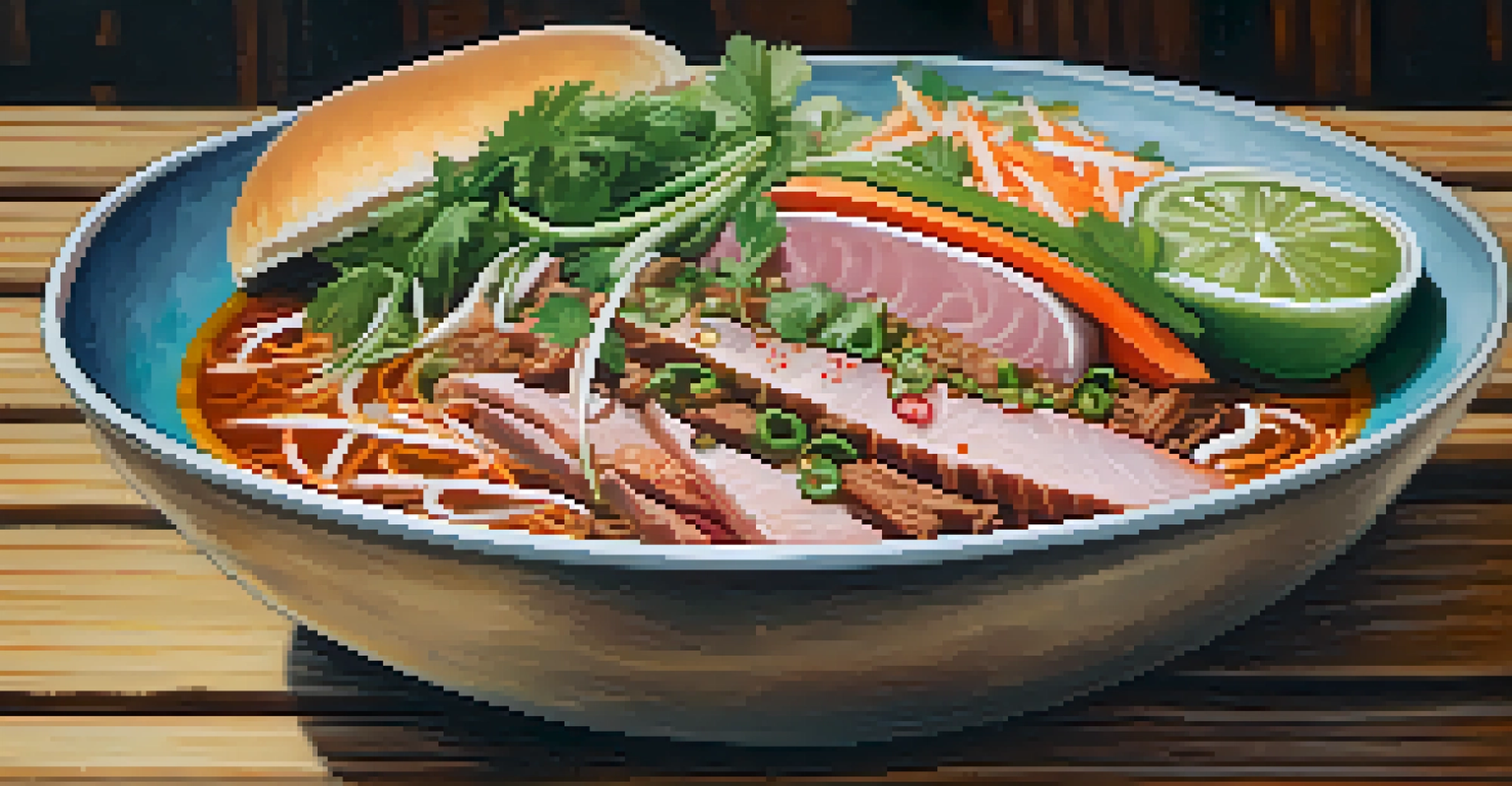 Close-up of a bowl of pho with herbs and jalapeños, alongside a banh mi sandwich, on a rustic wooden table.