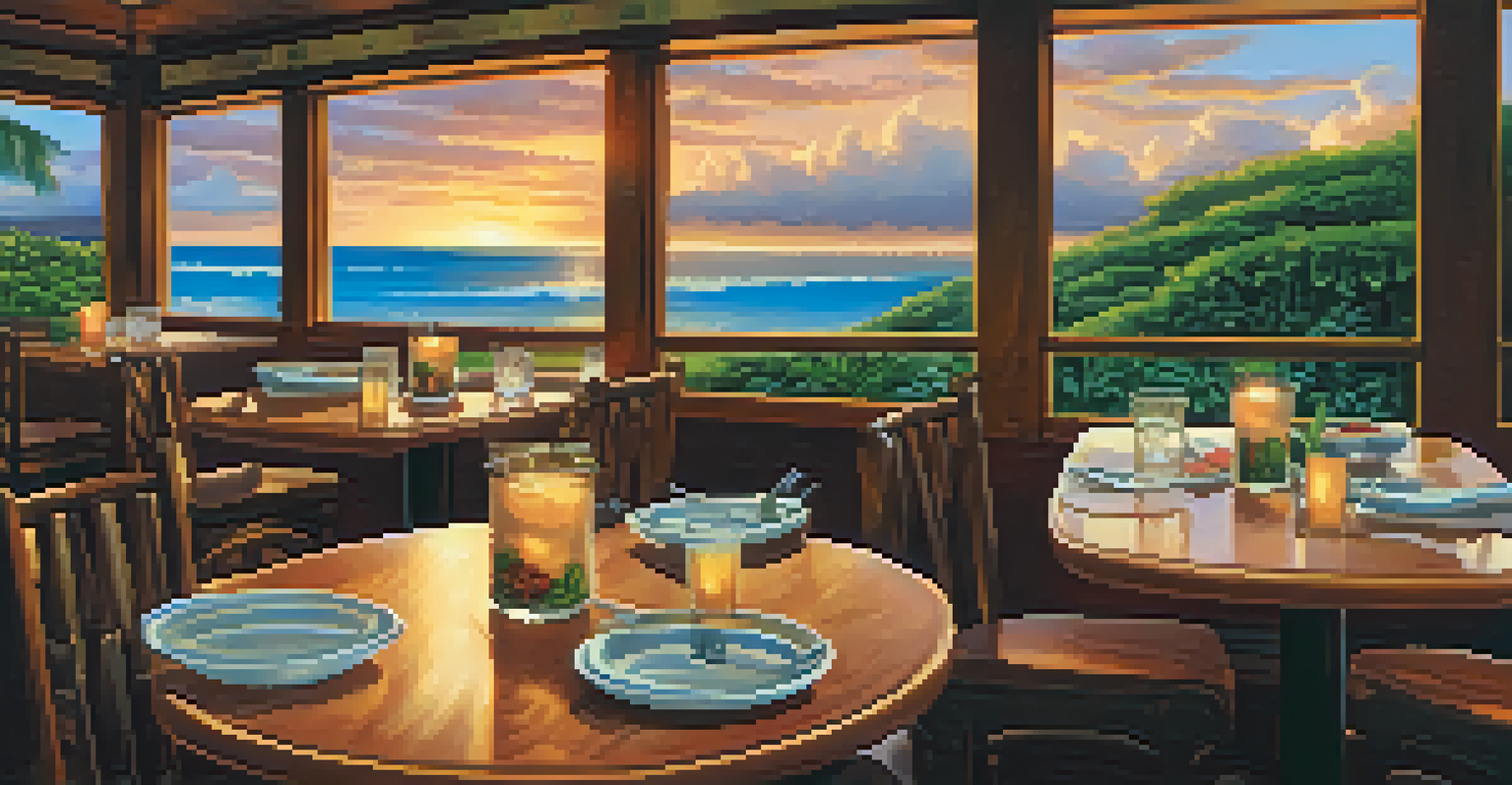 A table filled with Hawaiian dishes in a cozy eatery overlooking the ocean at sunset.