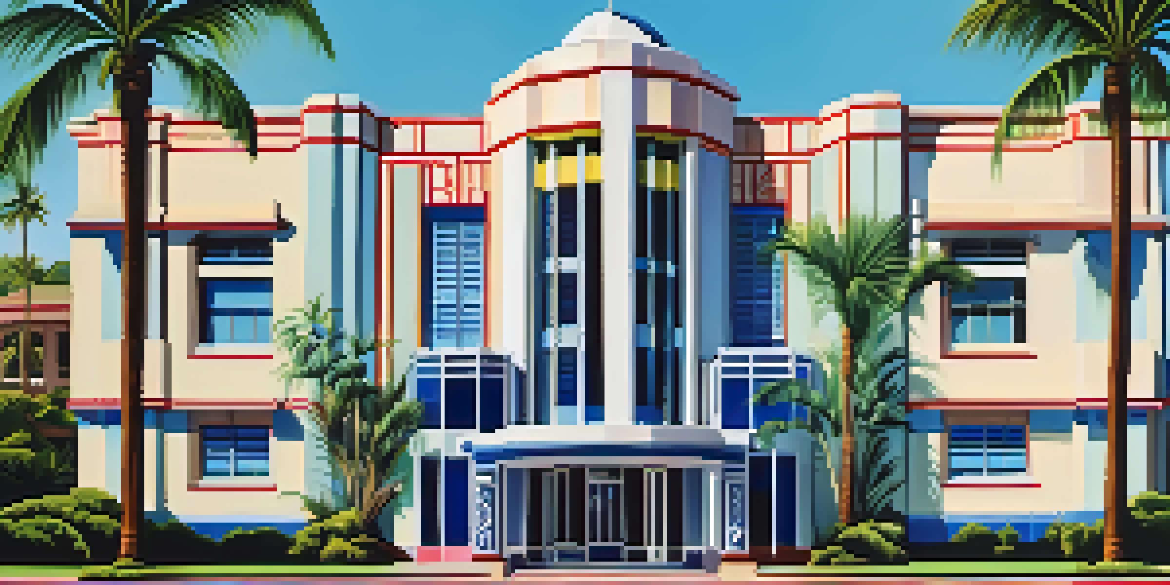 An Art Deco building in Honolulu with geometric shapes and tropical colors, surrounded by palm trees and a blue sky.
