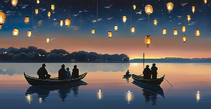 A tranquil lake at night filled with glowing floating lanterns, with people standing by the water's edge holding their lanterns, creating a serene atmosphere.