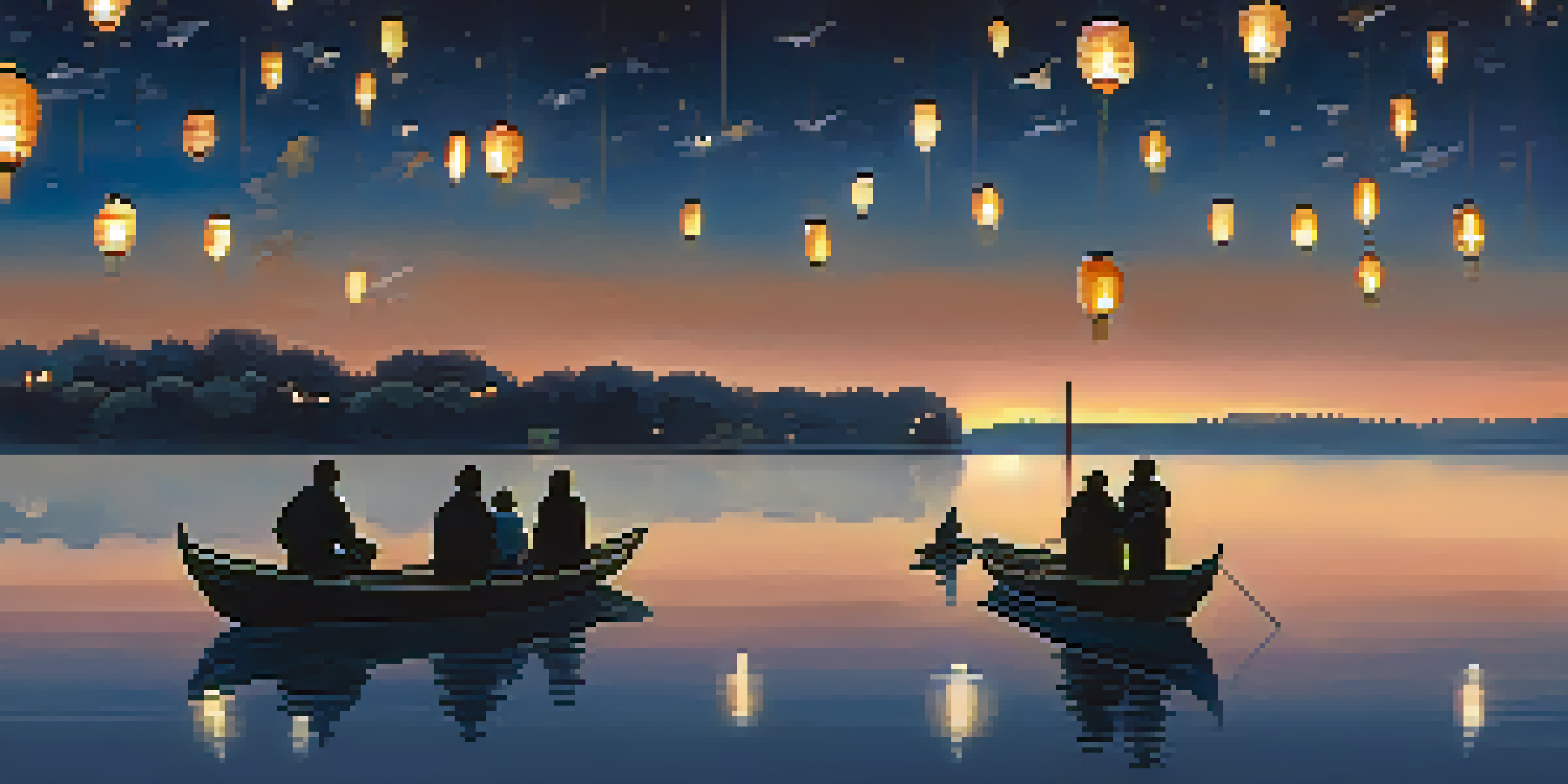 A tranquil lake at night filled with glowing floating lanterns, with people standing by the water's edge holding their lanterns, creating a serene atmosphere.