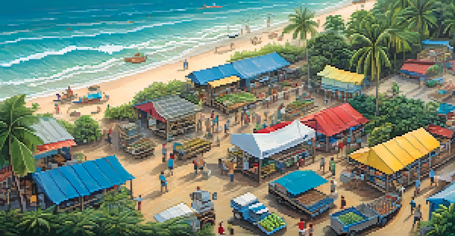 An aerial view of a lively fish market in Hawaii, with fishermen unloading fresh seafood and colorful stalls, surrounded by lush vegetation and the ocean.