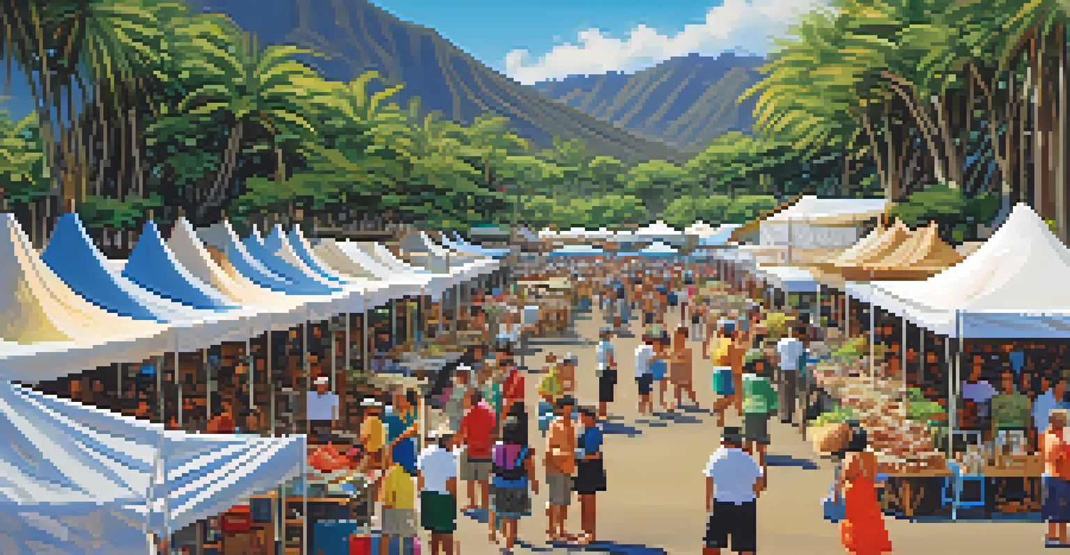 A marketplace scene at the Merrie Monarch Festival with stalls of crafts and food, filled with people.