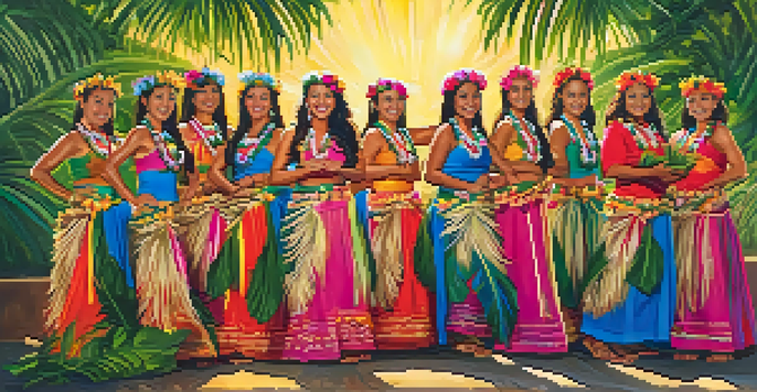 A group of hula dancers in traditional attire performing on stage with a tropical background.