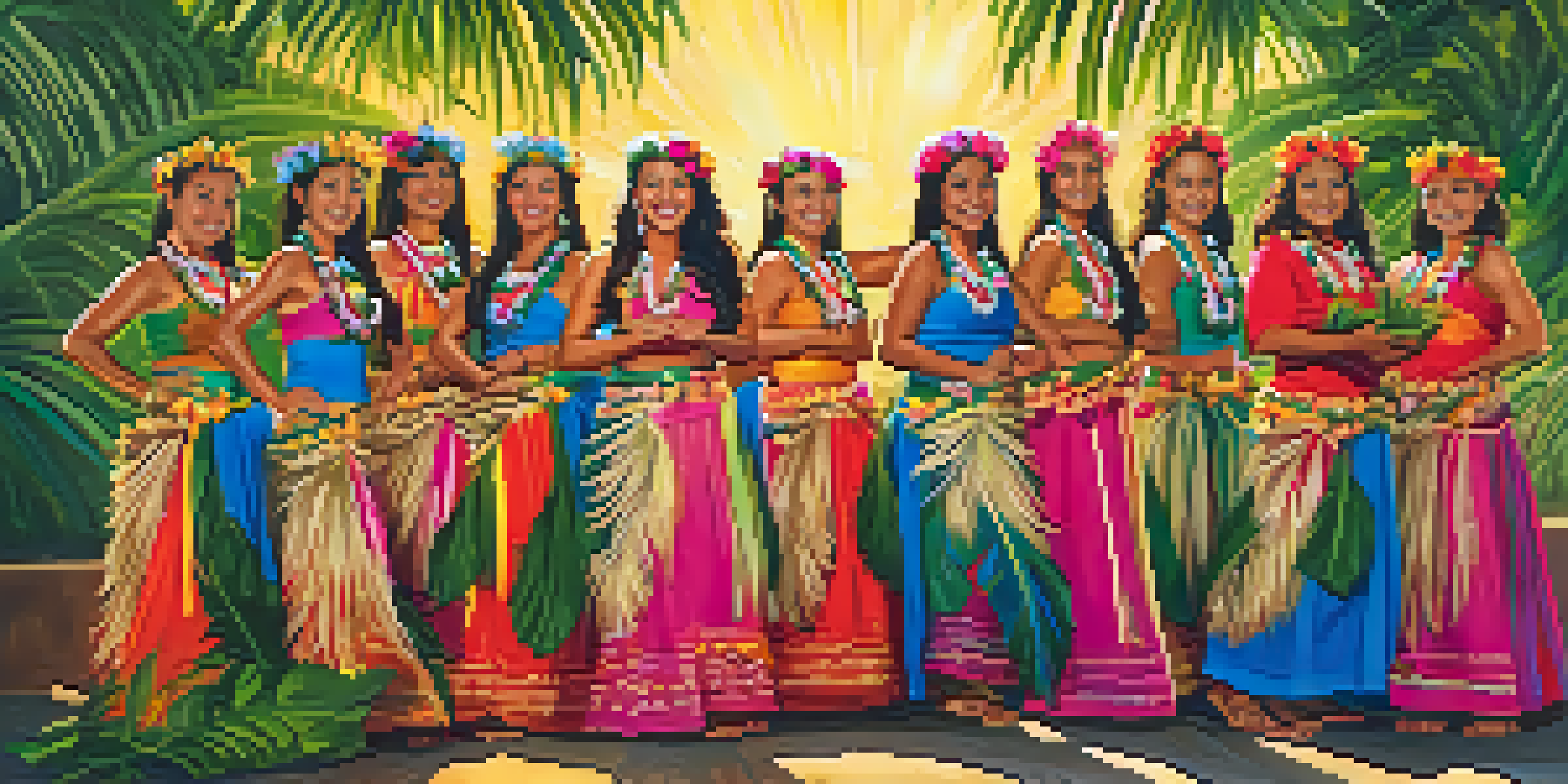 A group of hula dancers in traditional attire performing on stage with a tropical background.