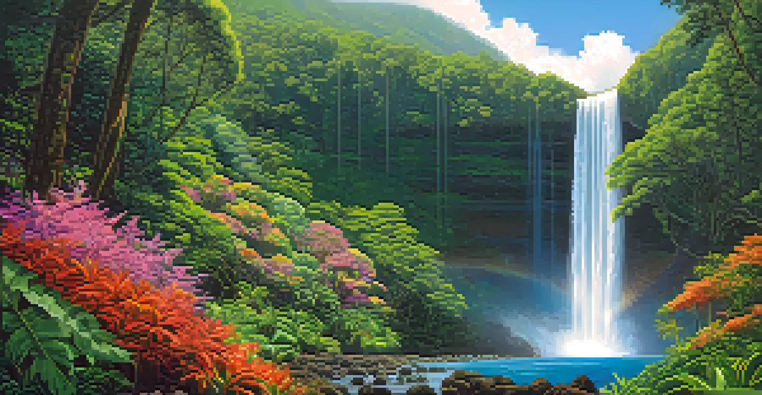 Manoa Falls waterfall surrounded by tropical vegetation and a rainbow.