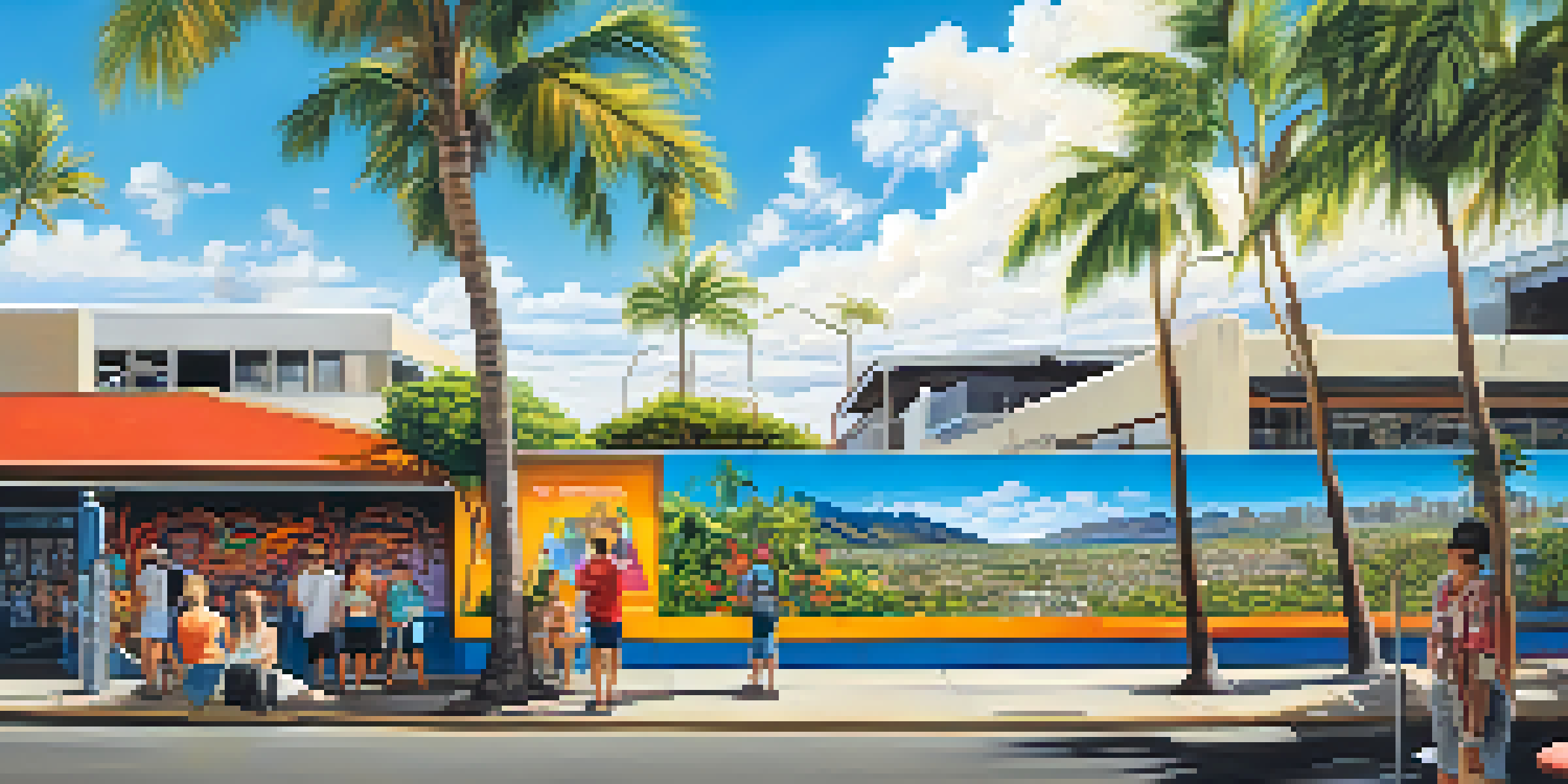 A wide view of Kaka'ako in Honolulu with street murals, artists, and tropical plants under a clear sky.