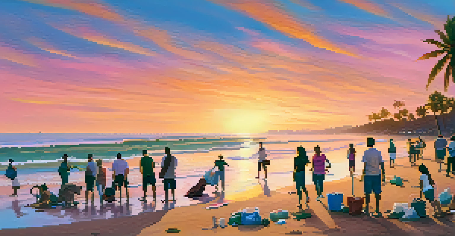 Volunteers participating in a beach clean-up at sunset, with warm colors in the sky and a banner promoting marine conservation.