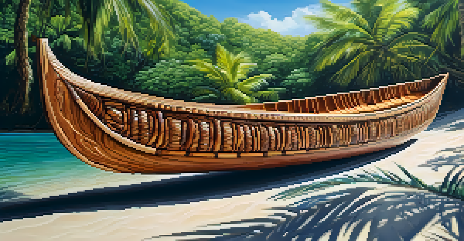 A close-up of a traditional Hawaiian canoe made from koa wood, highlighting its craftsmanship and natural materials.
