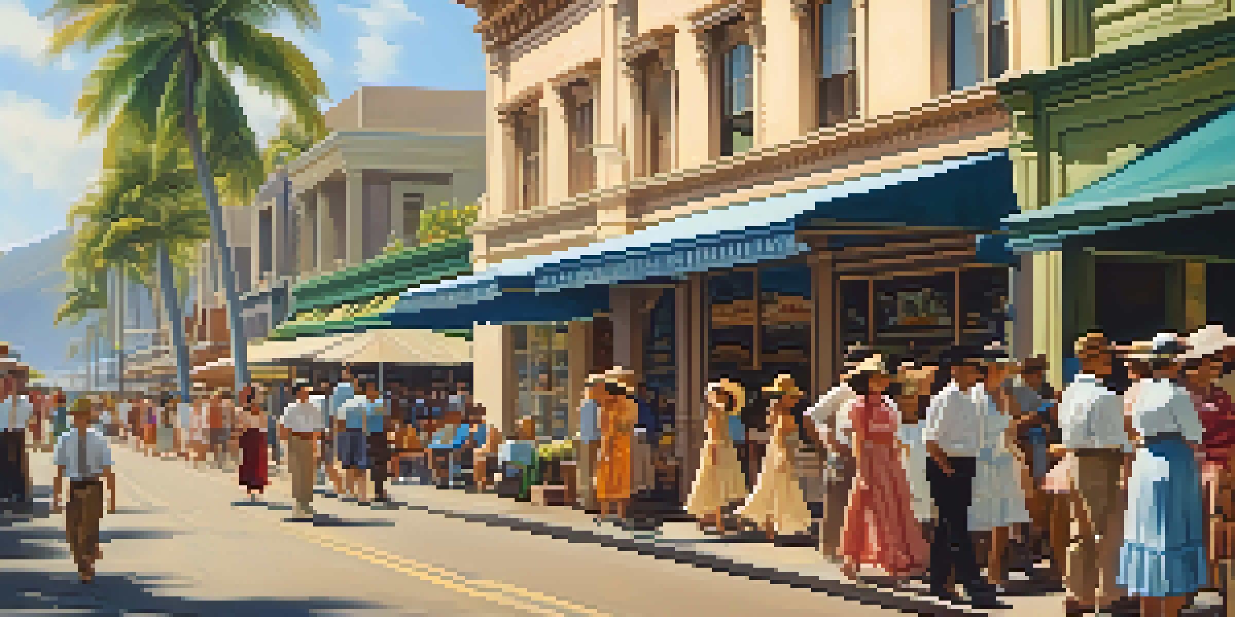 A lively street scene in early 20th century Honolulu with people in period clothing and colorful storefronts.