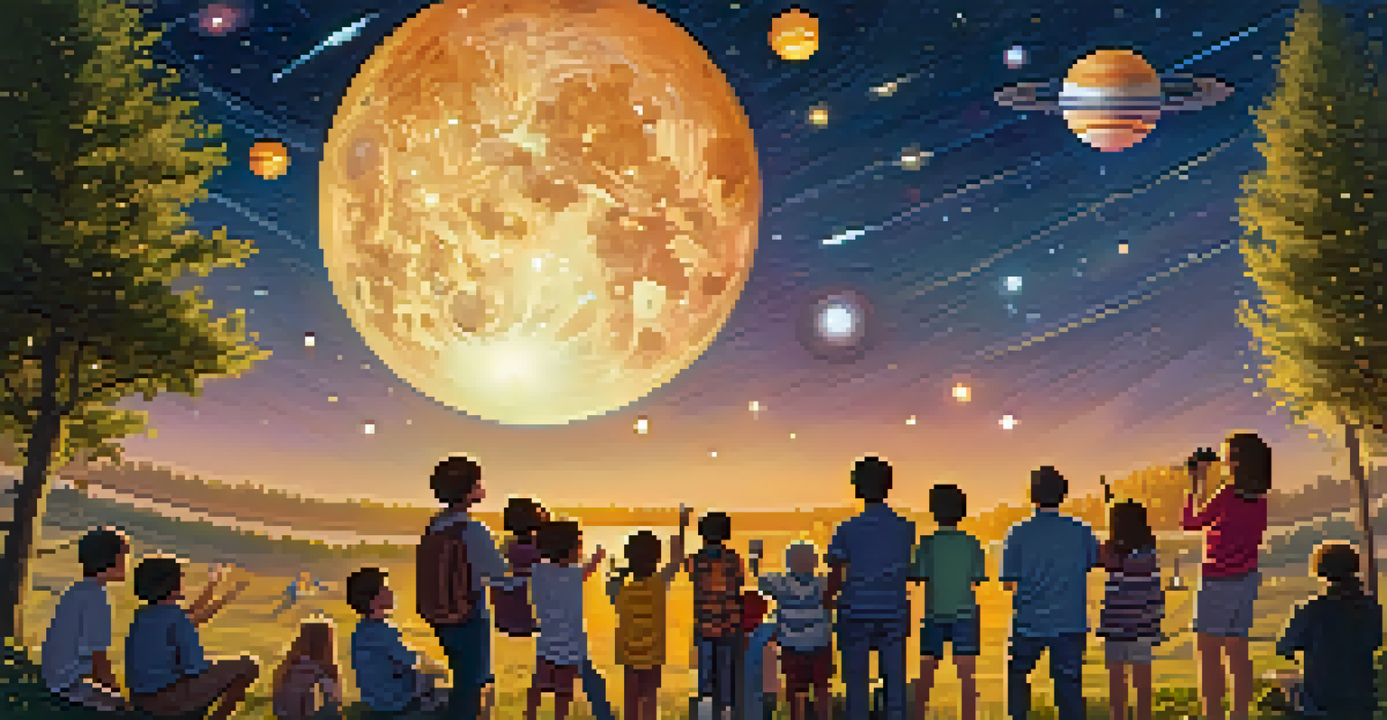 Families enjoying a star-gazing event in a park, with telescopes set up under a starry sky.
