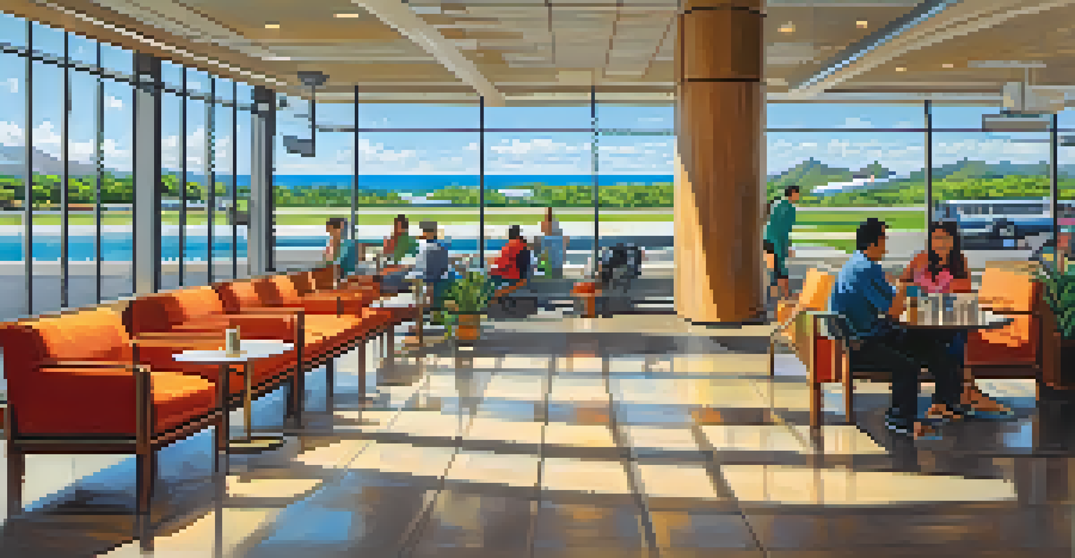 An accessible seating area in Honolulu Airport with travelers relaxing and natural light coming through large windows.