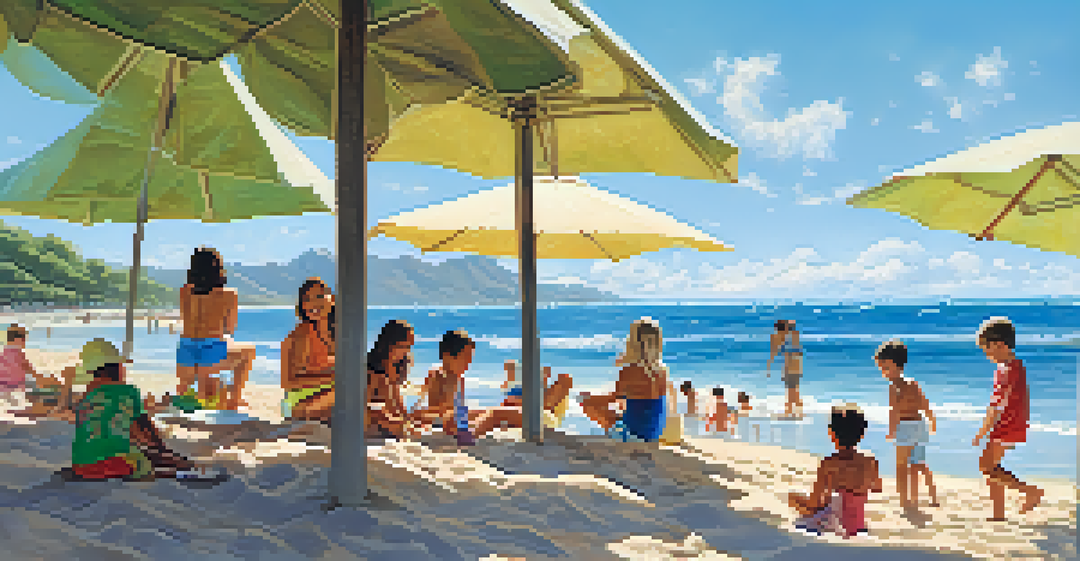 A family at the beach with children building sandcastles and parents relaxing under an umbrella, gentle waves, and a clear sky.