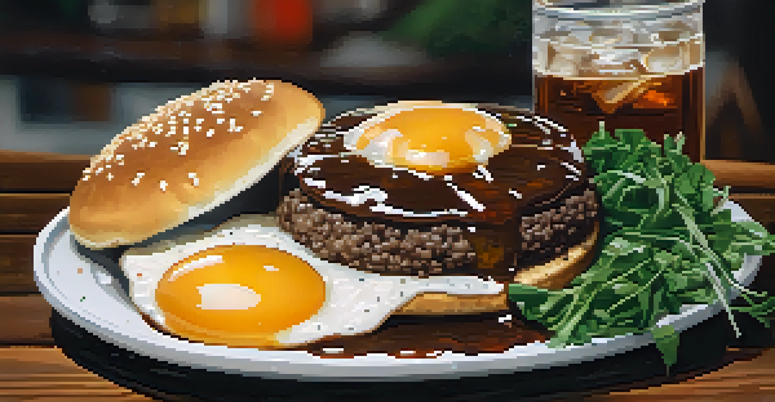 A plate of Loco Moco featuring rice, hamburger patty, fried egg, and brown gravy, presented on a wooden table.