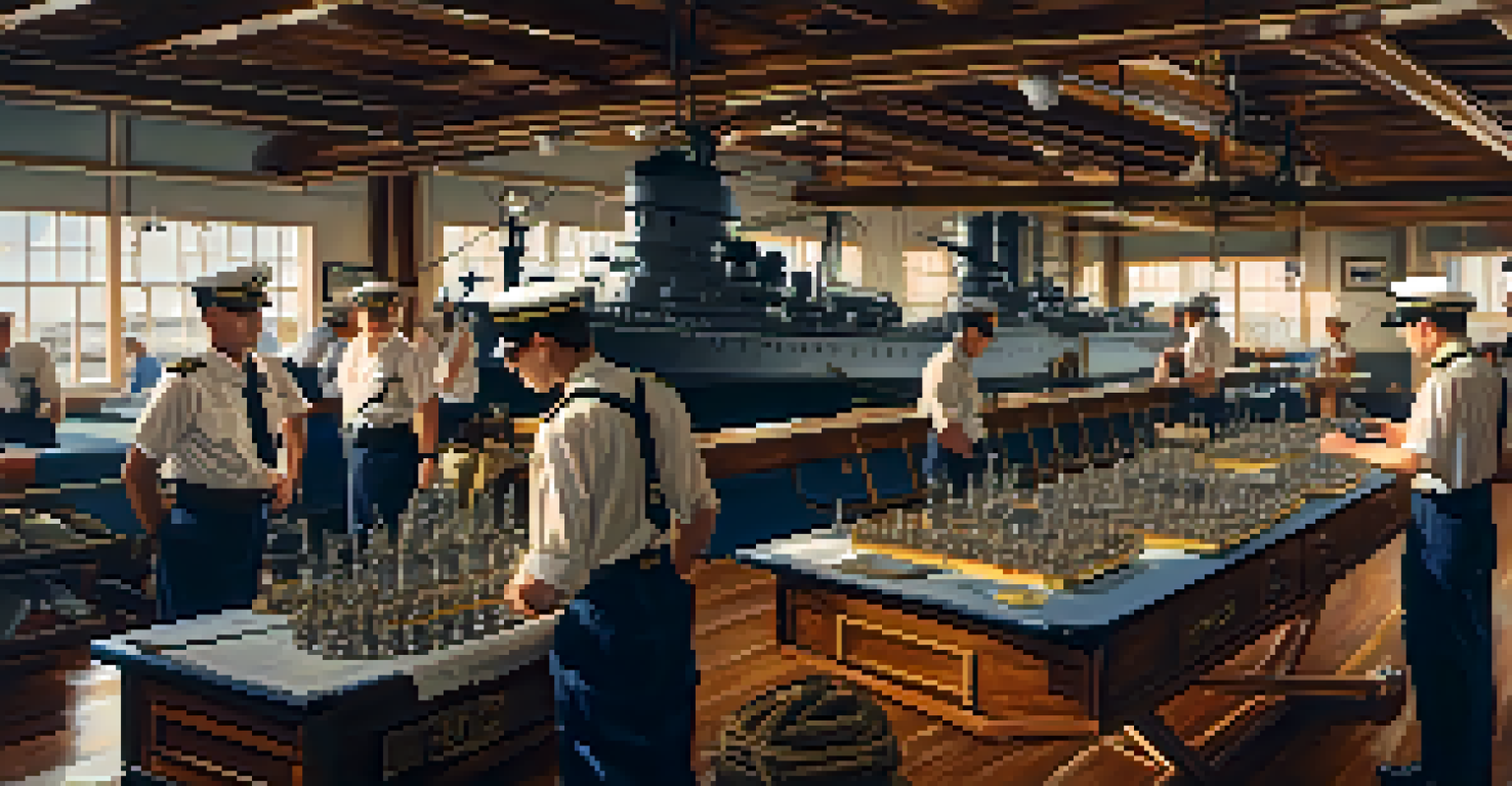 The interior of the Battleship Missouri's bridge, featuring vintage equipment and crew members in naval uniforms.