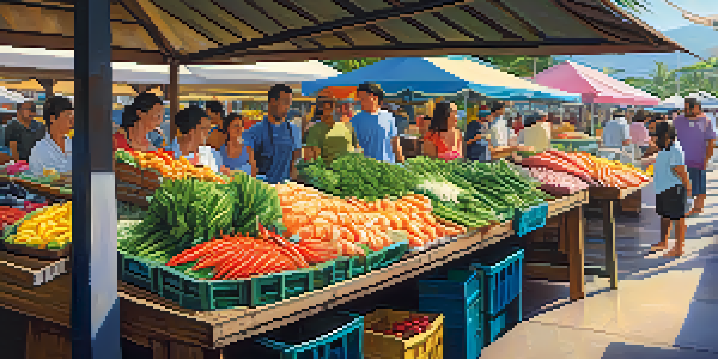 A colorful Hawaiian seafood market displaying fresh fish and local produce with people shopping.