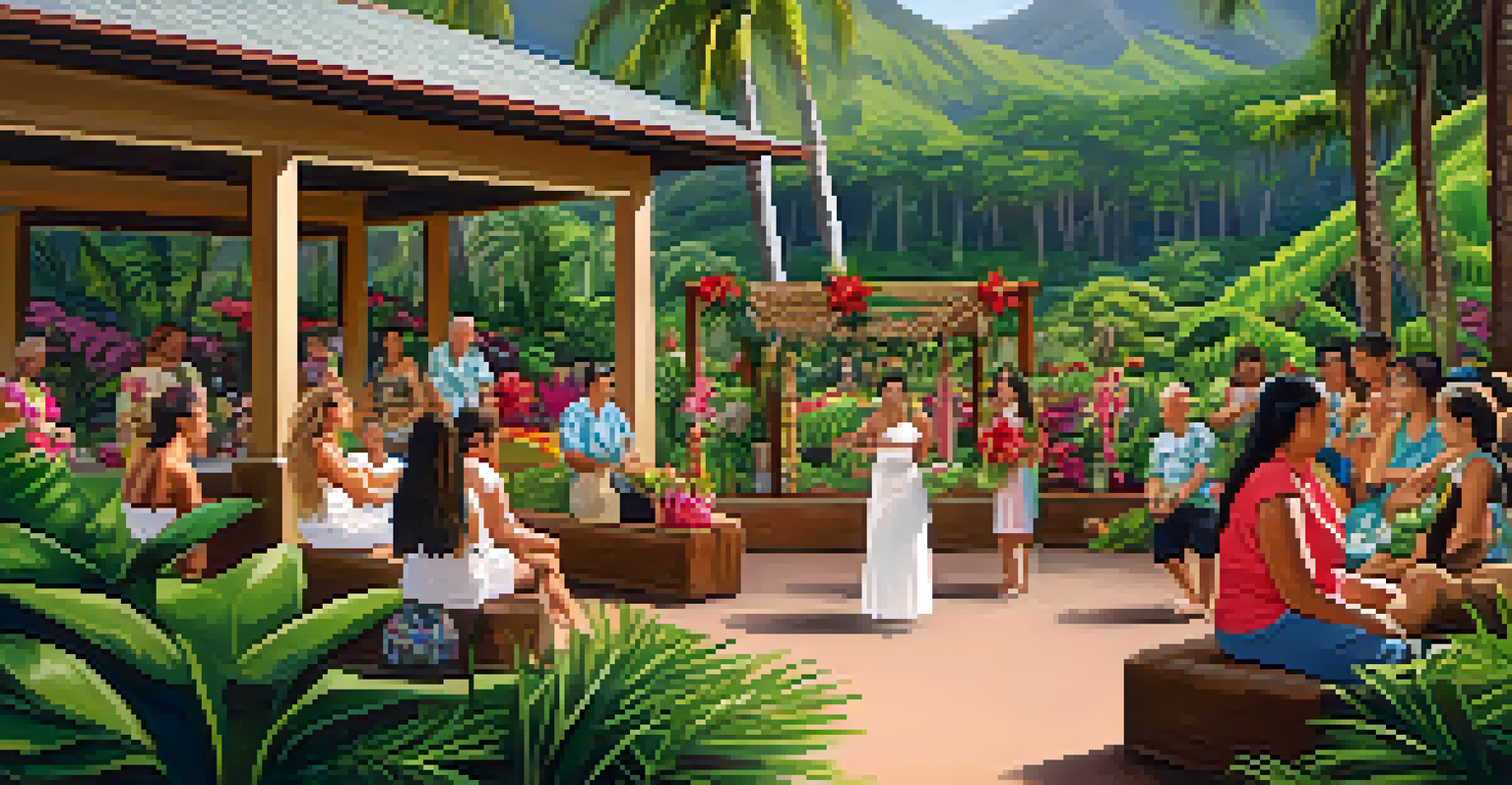A scene at the Royal Hawaiian Center with gardens, art installations, and visitors enjoying hula performances and lei-making workshops.