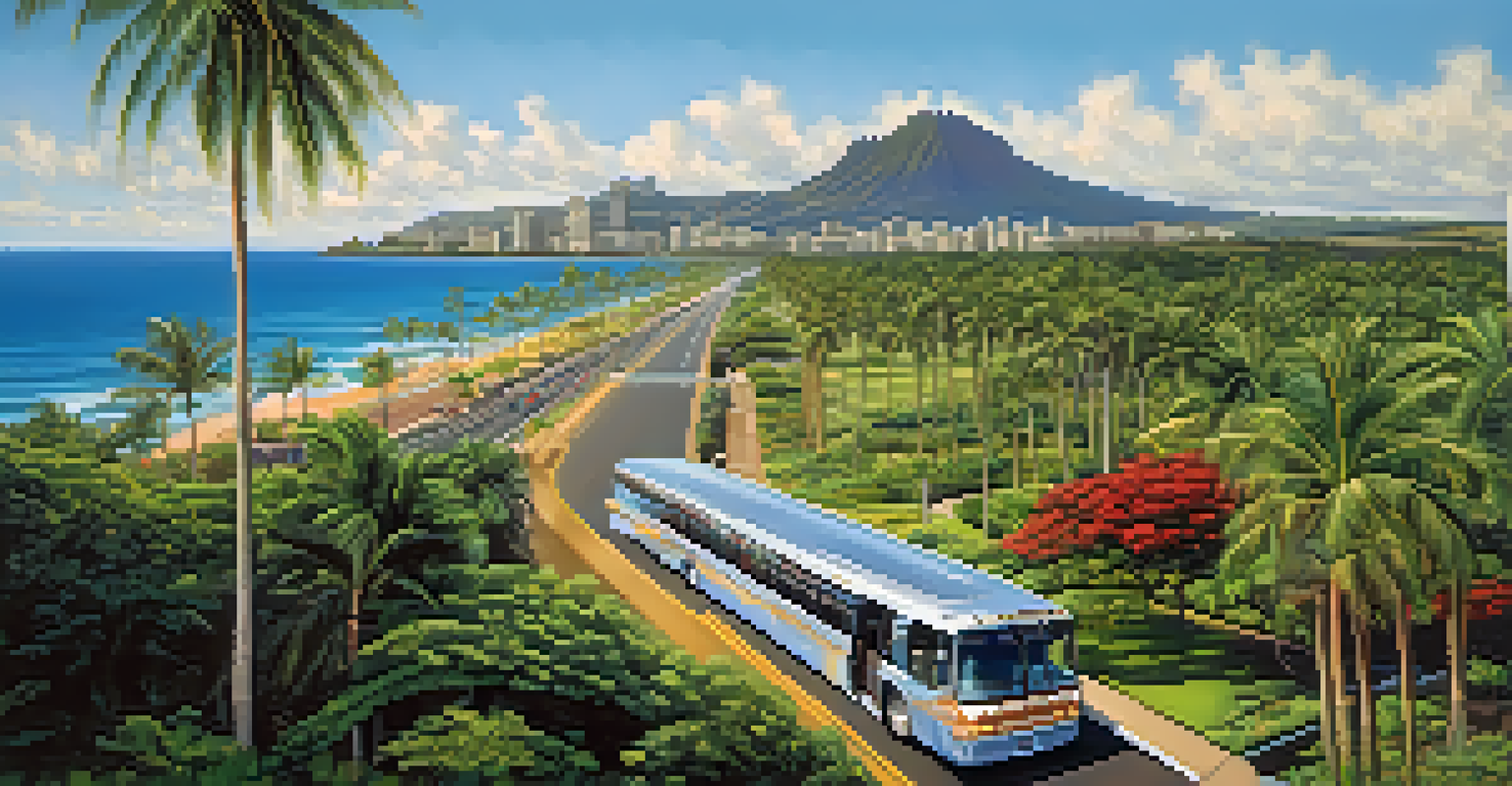An airport shuttle traveling on a scenic coastal road in Honolulu, with palm trees, sparkling ocean, and iconic landmarks in the background.