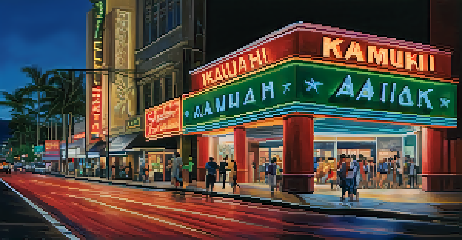 The Kaimuki Theater with a neon marquee at night, surrounded by pedestrians and colorful storefronts in Honolulu.