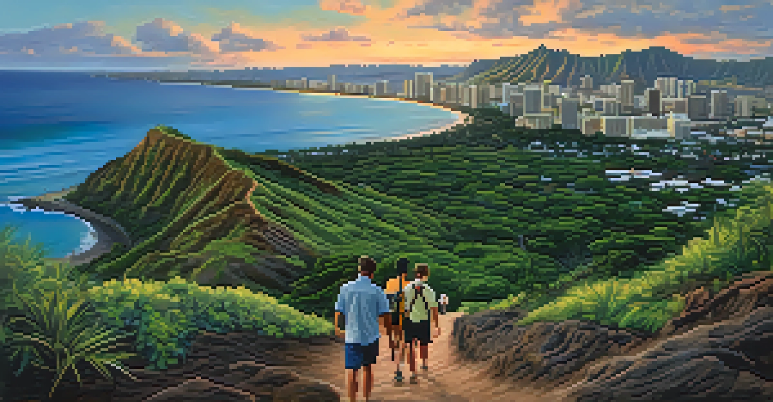 Hikers on the Diamond Head Crater Trail at dusk, with a panoramic view of Honolulu and the ocean in the background.