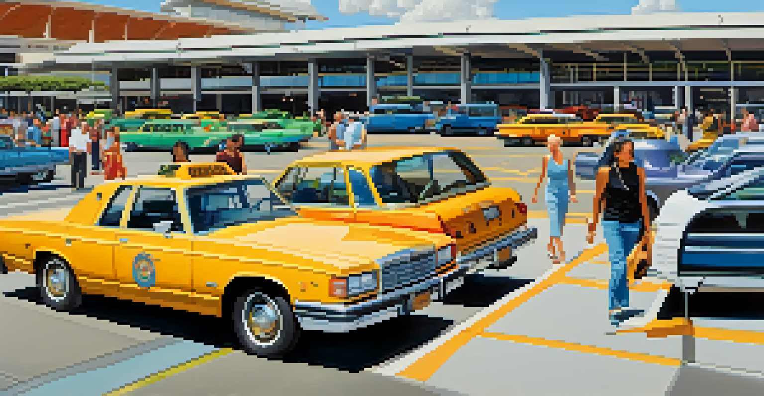 The transportation area of Honolulu Airport with taxis, shuttles, and travelers boarding their rides.