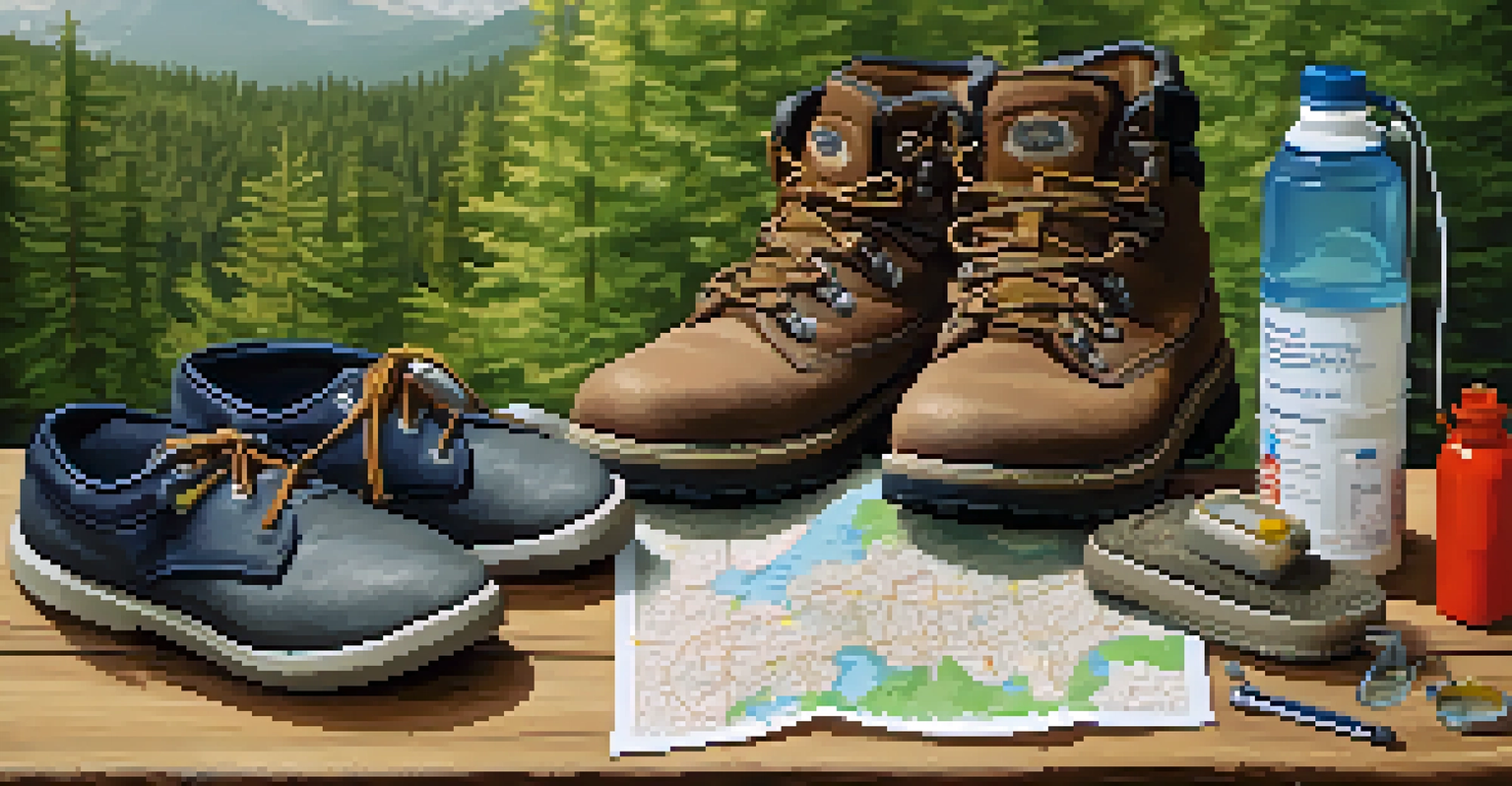 Essential hiking gear displayed on a wooden surface, showcasing shoes, a water bottle, and a map.