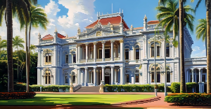 A picturesque view of Iolani Palace with beautiful architecture and surrounding gardens.