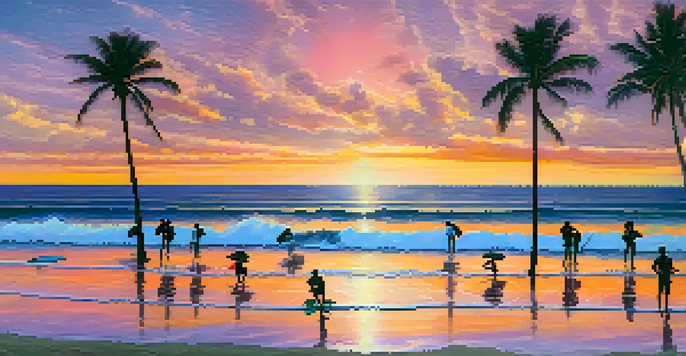 A stunning sunset over Waikiki Beach, featuring colorful skies and palm trees in silhouette.