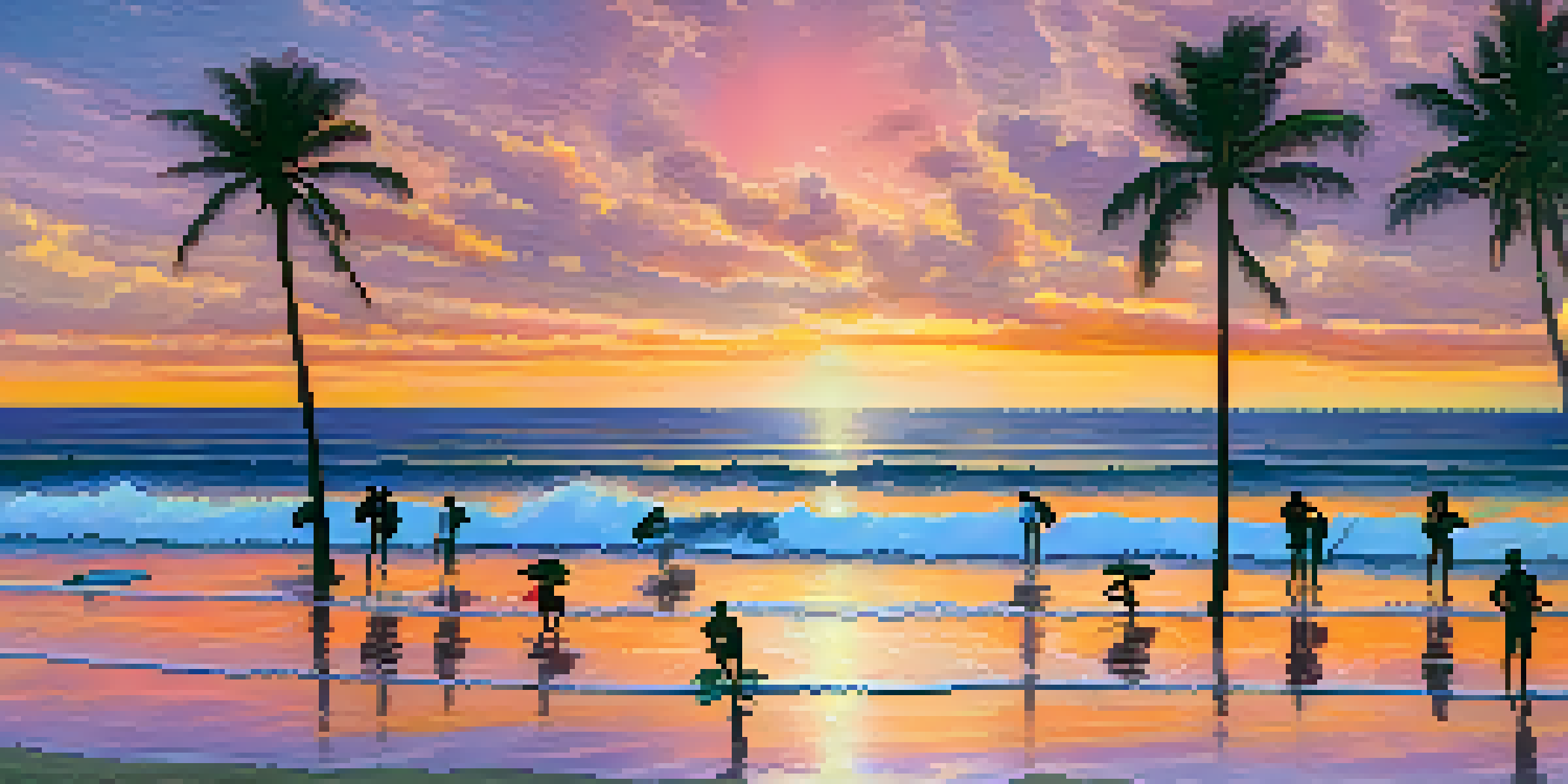 A stunning sunset over Waikiki Beach, featuring colorful skies and palm trees in silhouette.