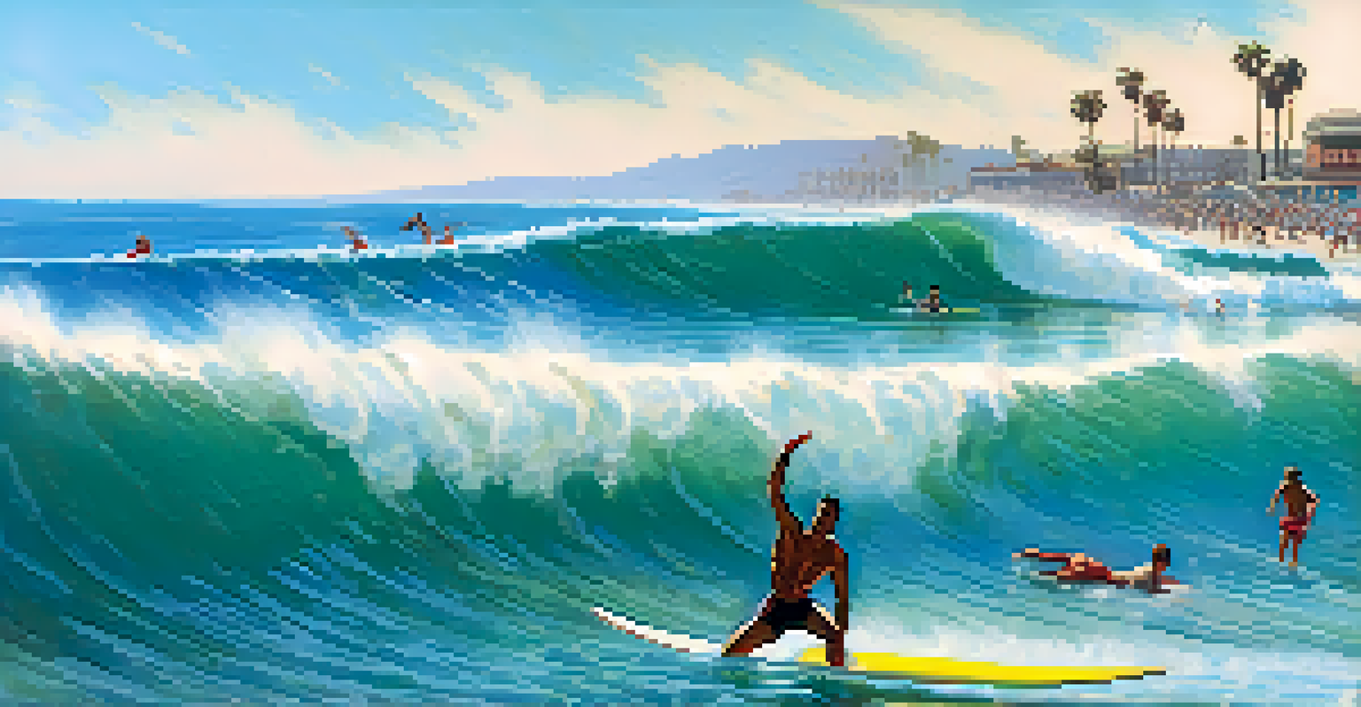 Duke Kahanamoku surfing at Santa Monica beach, surrounded by a crowd of spectators, with vintage surfboards and a bright blue sky.