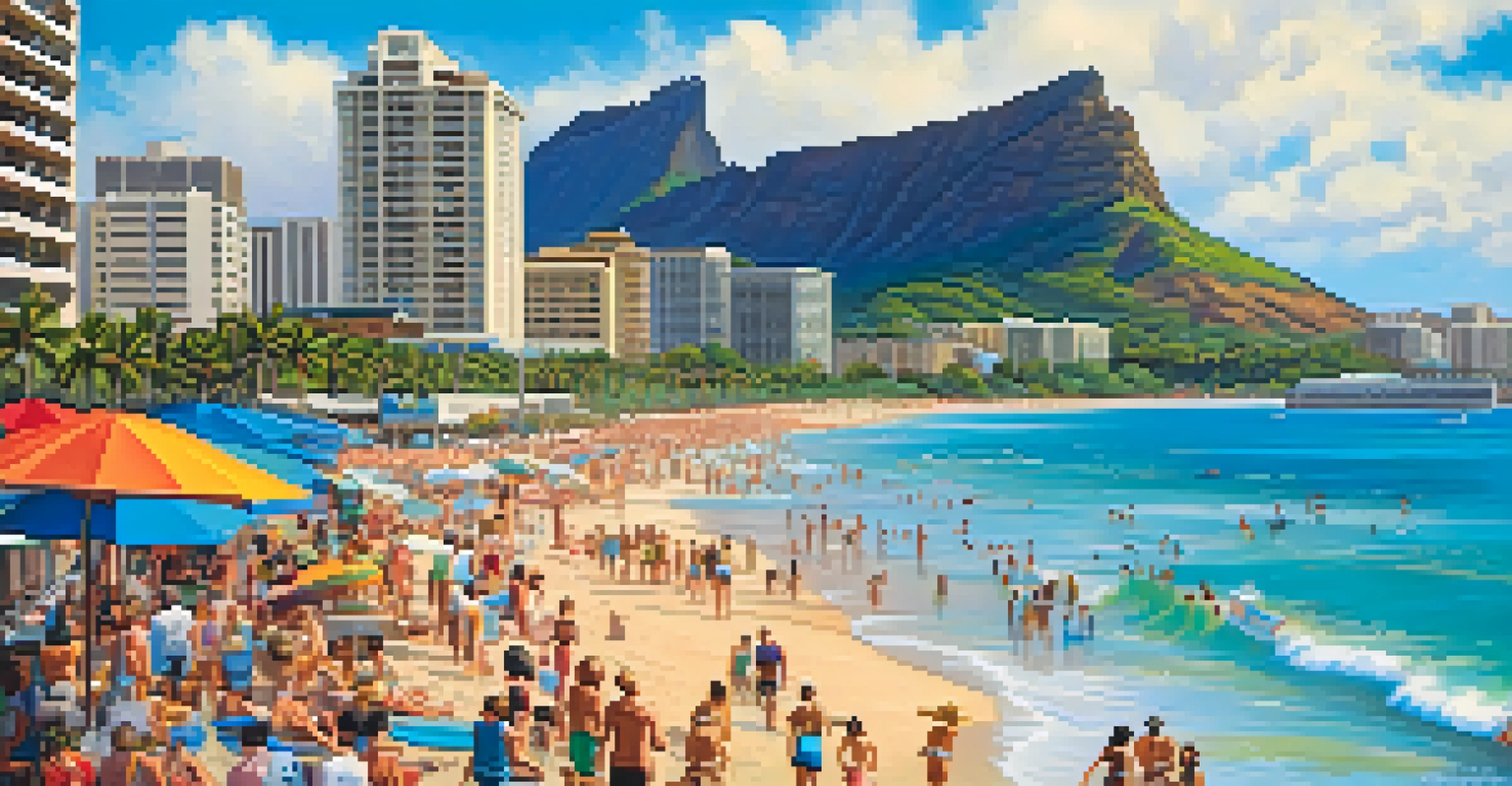 A lively beach scene in Waikiki with Diamond Head in the background, filled with sunbathers, surfers, and colorful umbrellas.