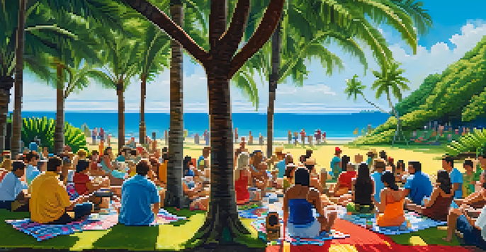 Festival-goers enjoying the Hawaiian Slack Key Guitar Festival, with musicians playing in a beautiful outdoor setting.