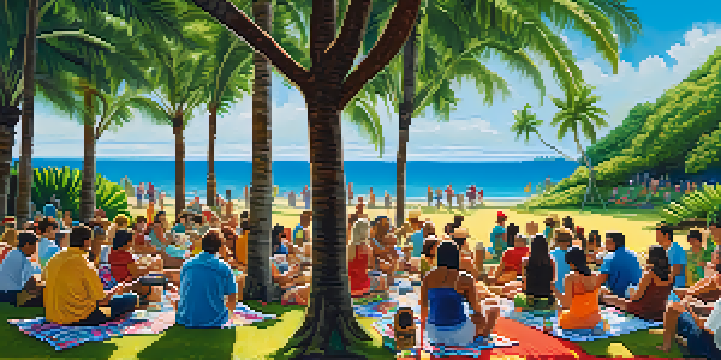Festival-goers enjoying the Hawaiian Slack Key Guitar Festival, with musicians playing in a beautiful outdoor setting.
