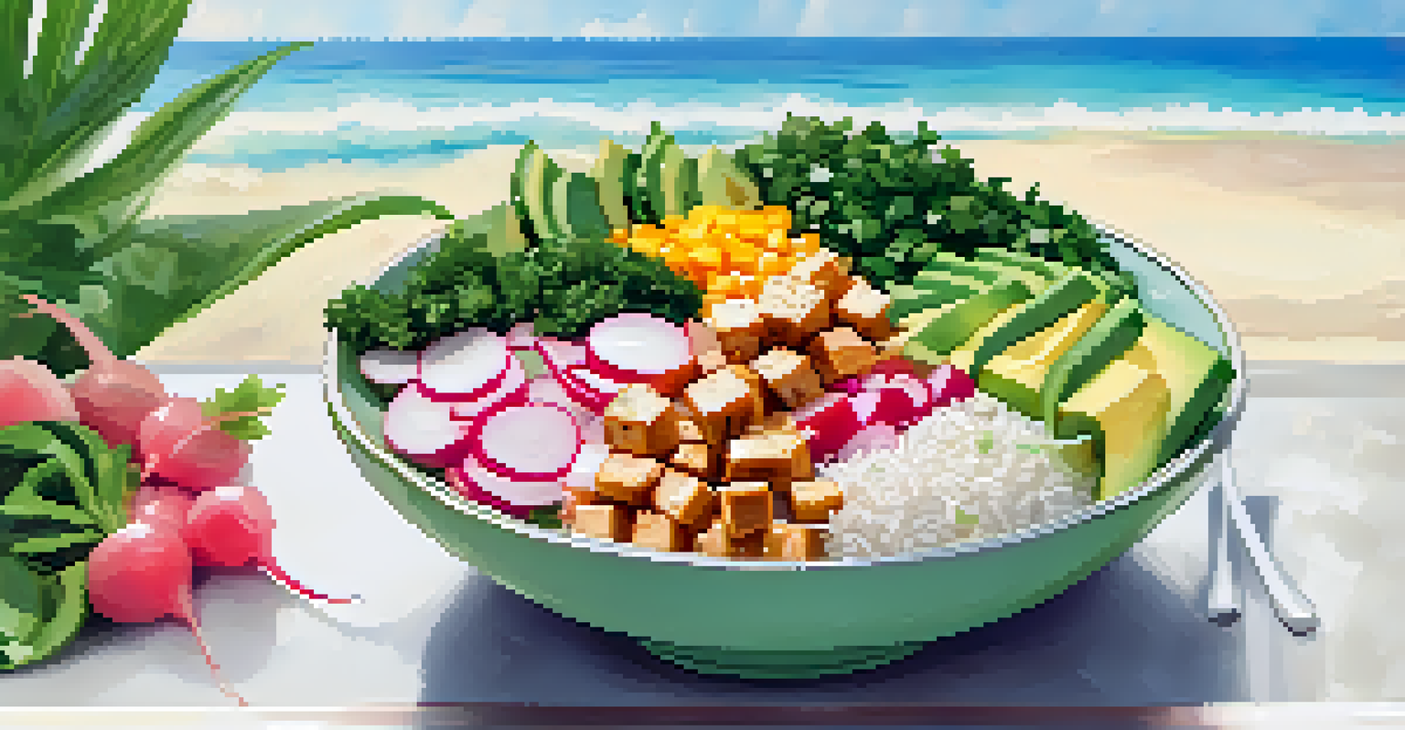 A vegan poke bowl with marinated tofu, avocado, and fresh vegetables over rice, set against a tropical background.