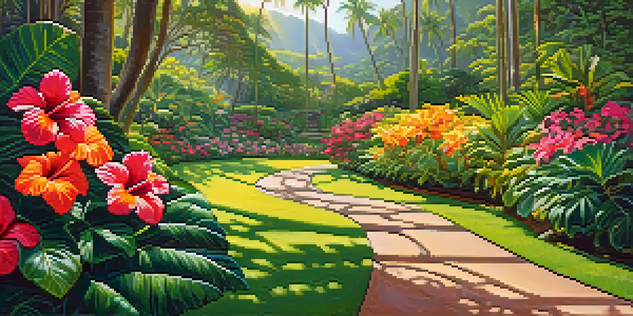 A colorful Hawaiian Botanical Garden with tropical flowers like hibiscus and plumeria, under dappled sunlight.