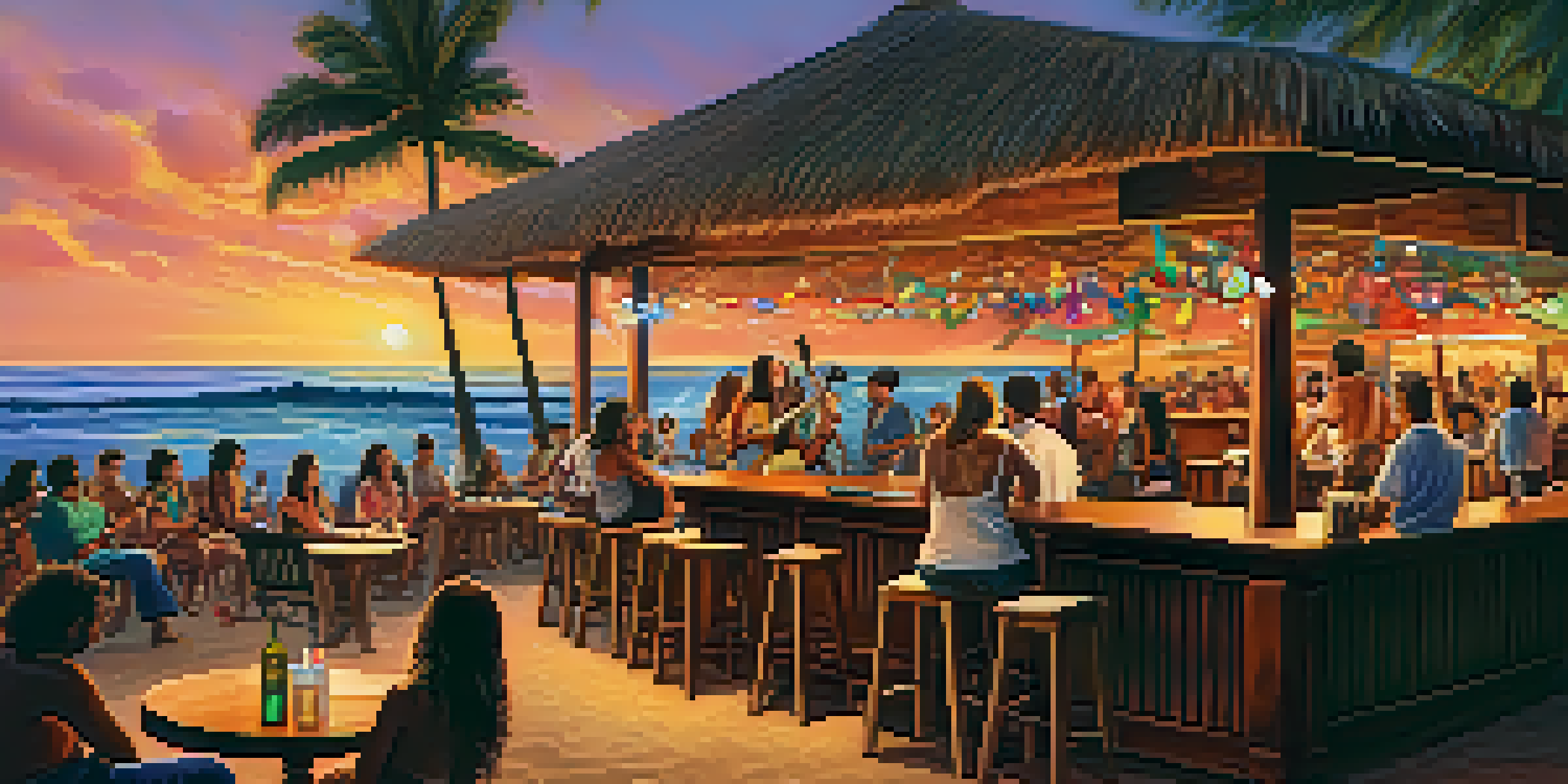 A lively beachside music performance in Honolulu at sunset with musicians playing instruments and an audience enjoying drinks.