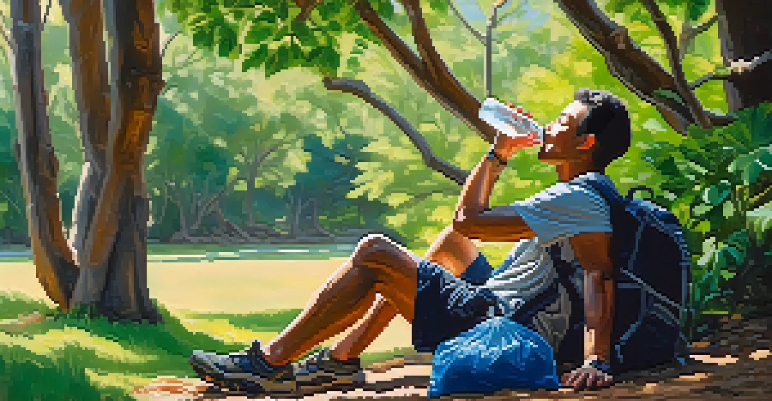 A hiker taking a break under a tree, drinking water from a hydration pack amidst lush greenery.