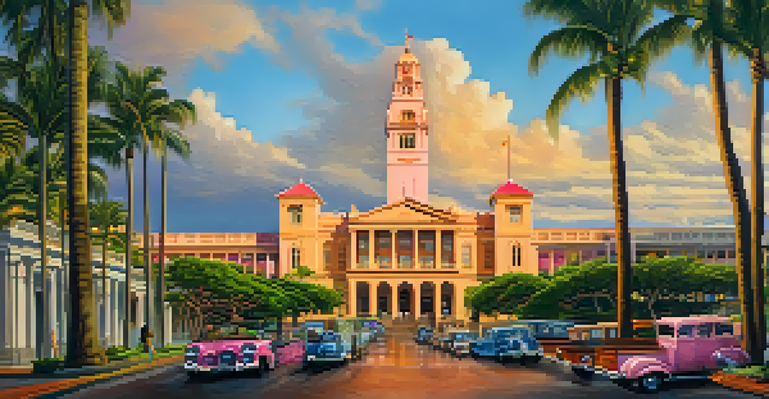An artistic depiction of Honolulu's cultural heritage with historic landmarks and traditional Hawaiian elements at sunset.