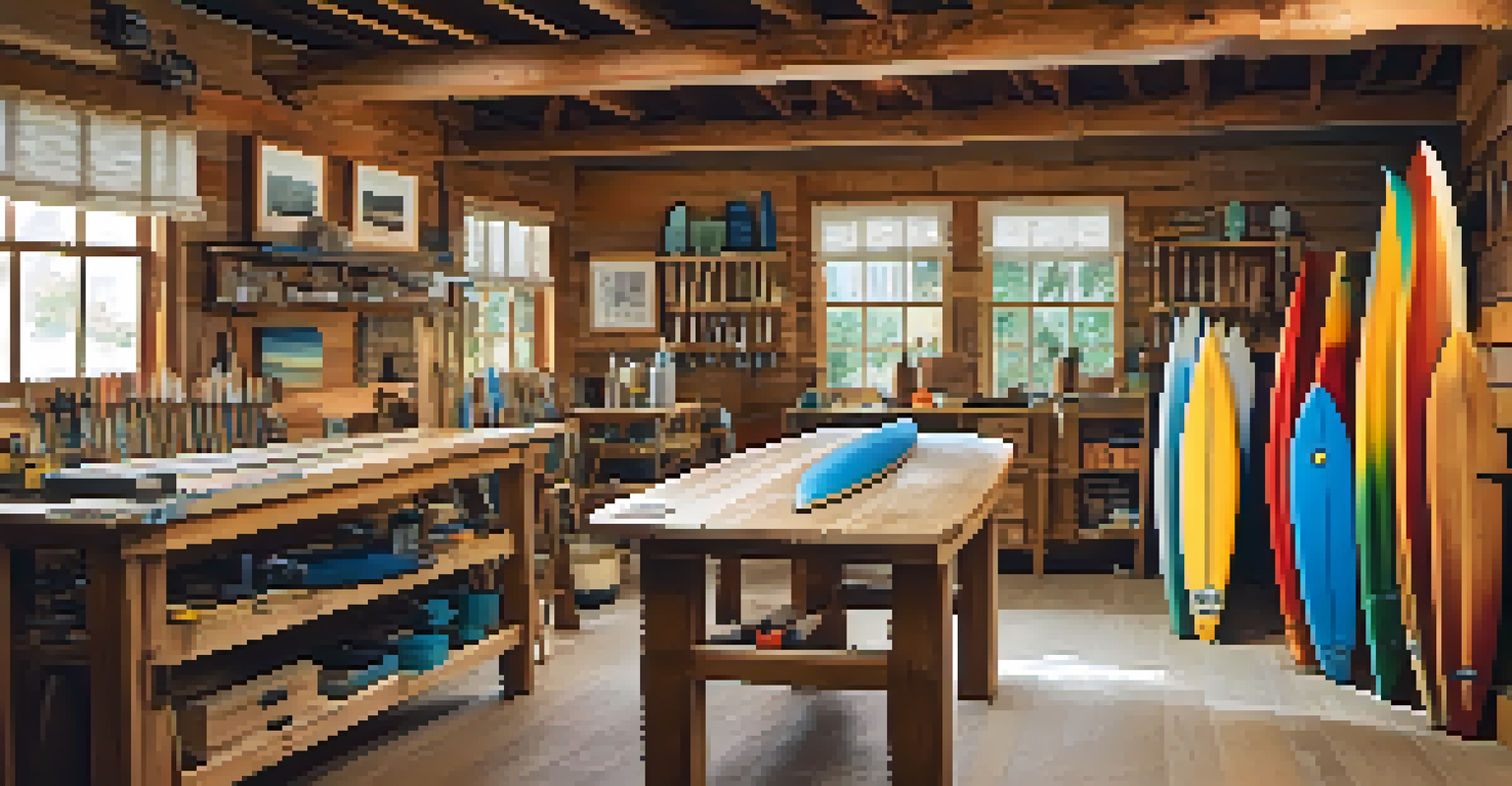 A craftsman shaping a surfboard in a bright workshop, surrounded by tools and colorful boards.