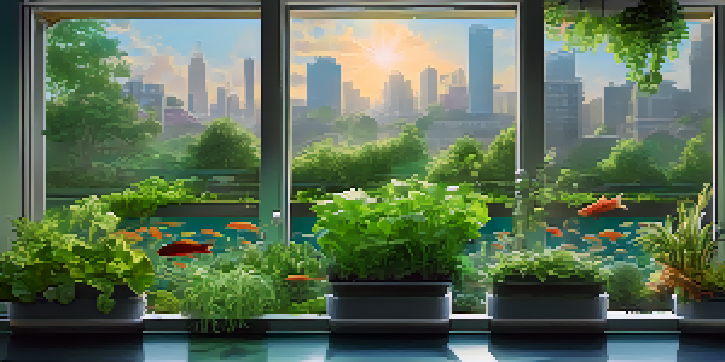 An aquaponics garden with green plants growing above a tank of fish, illuminated by sunlight, against an urban skyline.
