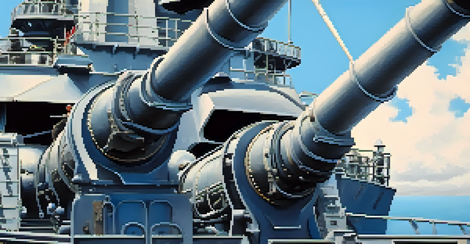 A close-up view of the Battleship Missouri's large naval guns, highlighting the details and textures.