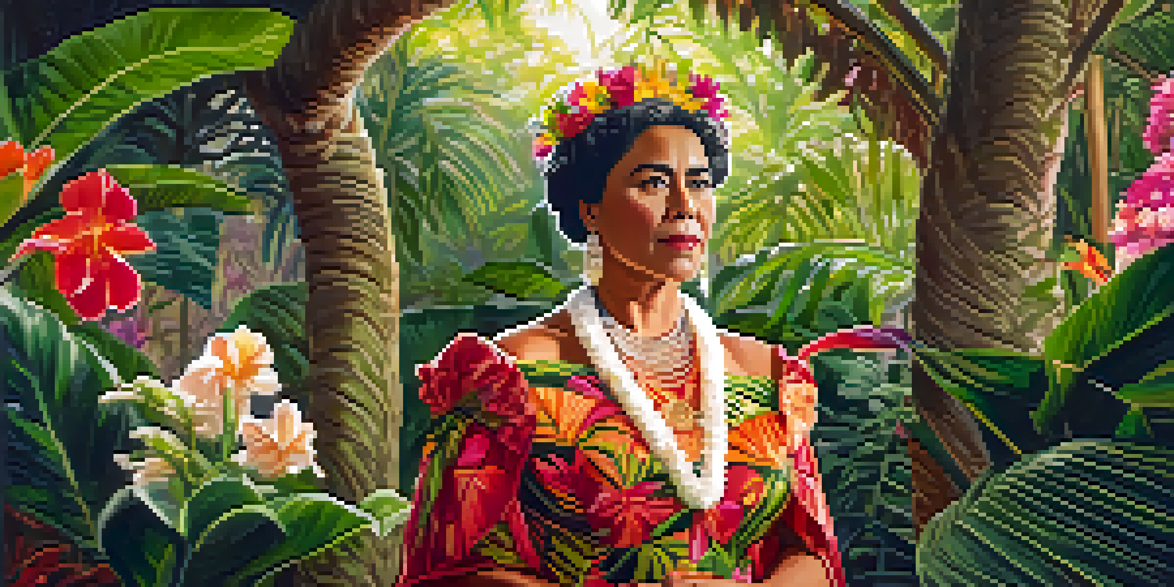 A portrait of Queen Liliuokalani in royal attire in a tropical garden, surrounded by colorful flowers and dappled sunlight.