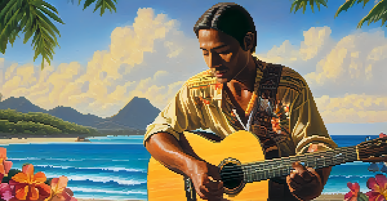 A musician playing slack-key guitar on a beach in Honolulu, with vibrant flowers and the ocean in the background.