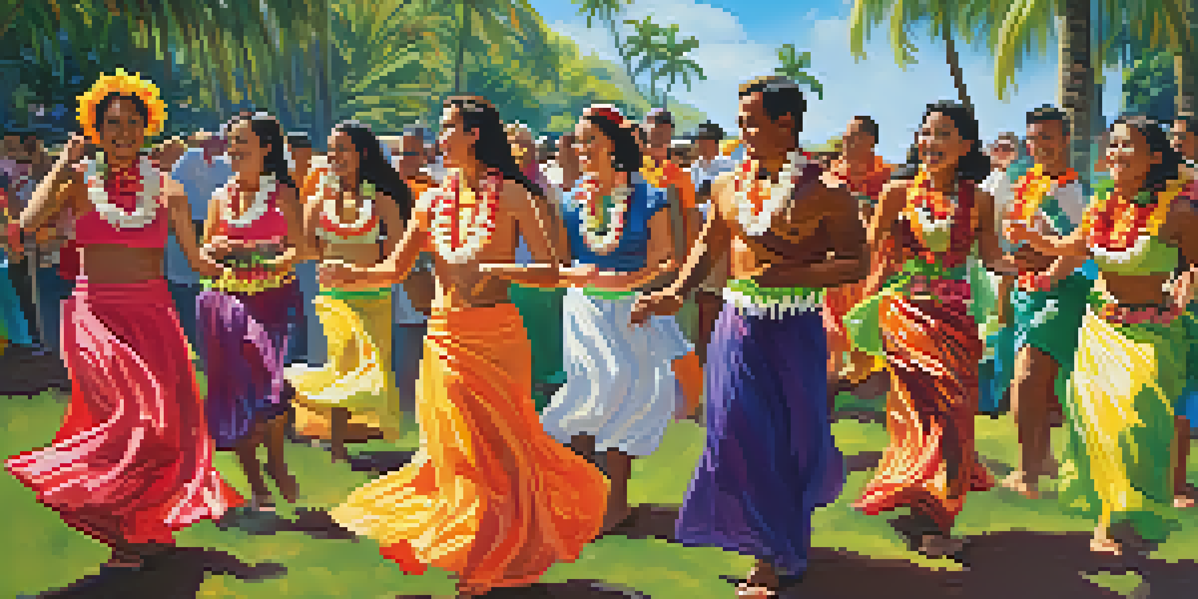 A lively scene of a Hawaiian festival with dancers in traditional attire, surrounded by tropical greenery and colorful decorations.