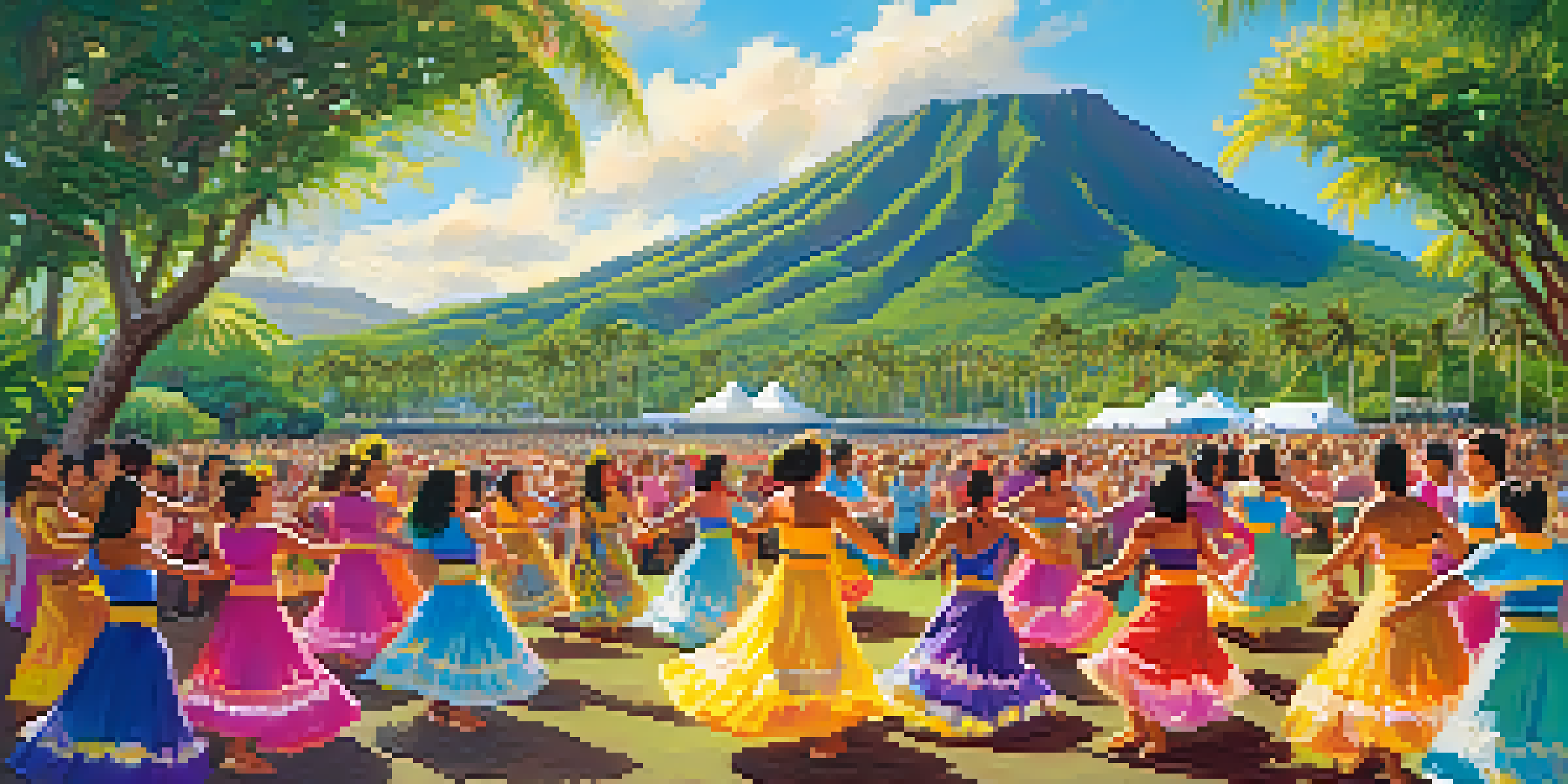 A colorful hula dance performance at a festival in Honolulu, with dancers in traditional Hawaiian attire and Diamond Head in the background.
