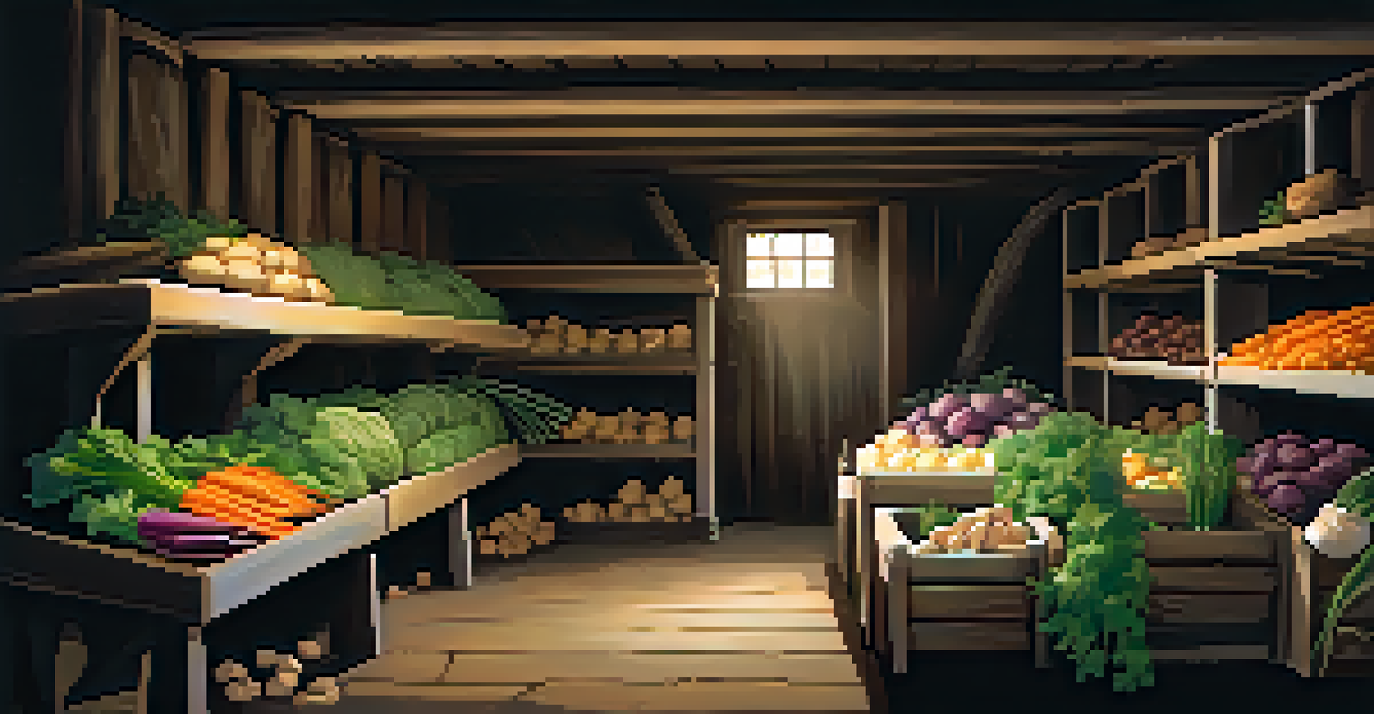 A root cellar filled with shelves of fresh root vegetables, showcasing a natural and sustainable storage method.